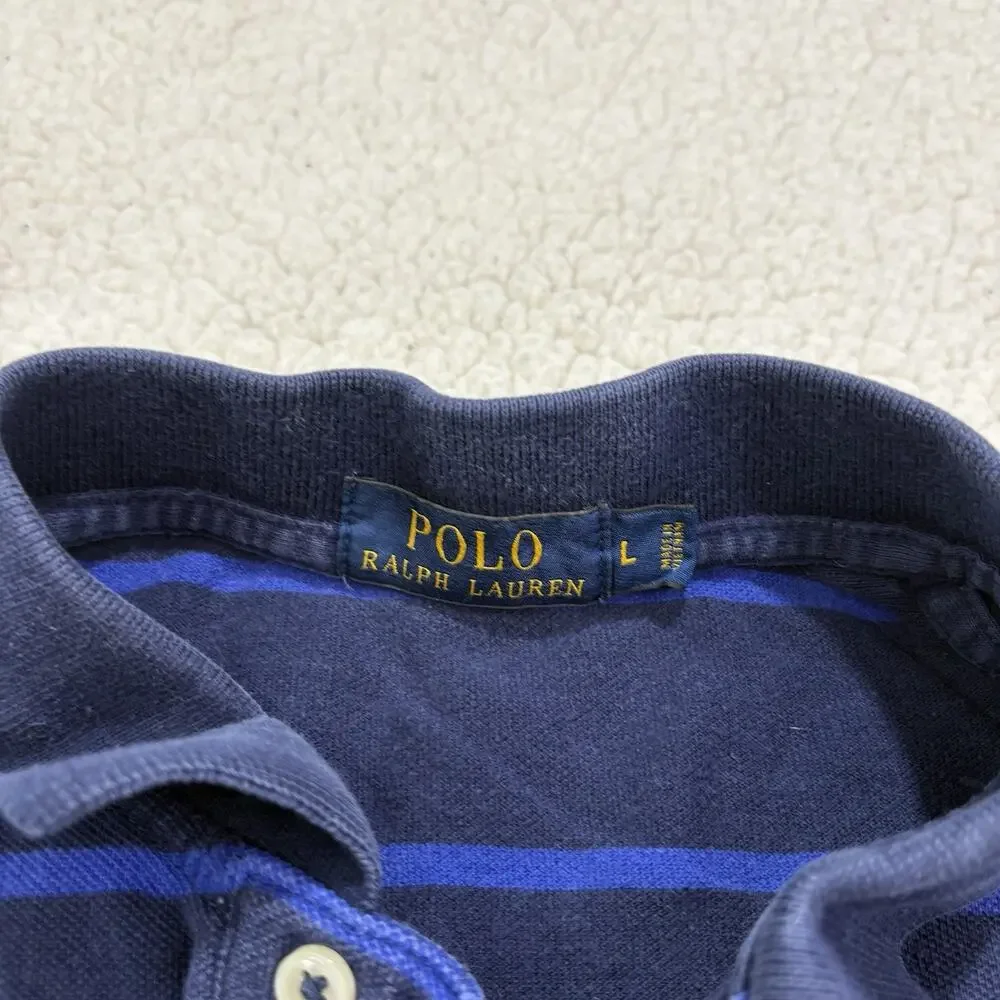 Polo Ralph Lauren Navy Blue Striped Cotton Polo‎ Shirt Mens Size L White Pony